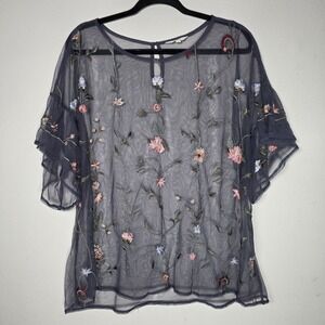 Lucky Brand Top Womens XL Sheer Mesh Floral Fairy‎ Grunge Whimsigoth Cottagecore